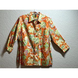 Beautiful Lauren Ralph Lauren 100% Cotton Orange & Green Floral Blouse Shirt 1X